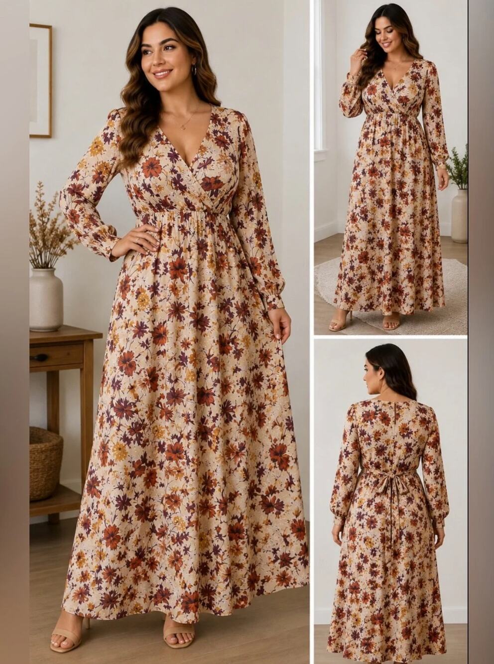 Indigo Rose Floral Faux Wrap Maxi Dress Plus Size 3X Cream Cottagecore Boho